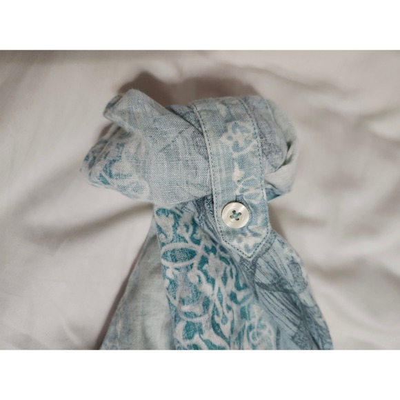 Caribbean Mens 100% Linen Long Sleeve Button Down Shirt Blue Floral Stripe Large - Picture 12 of 14